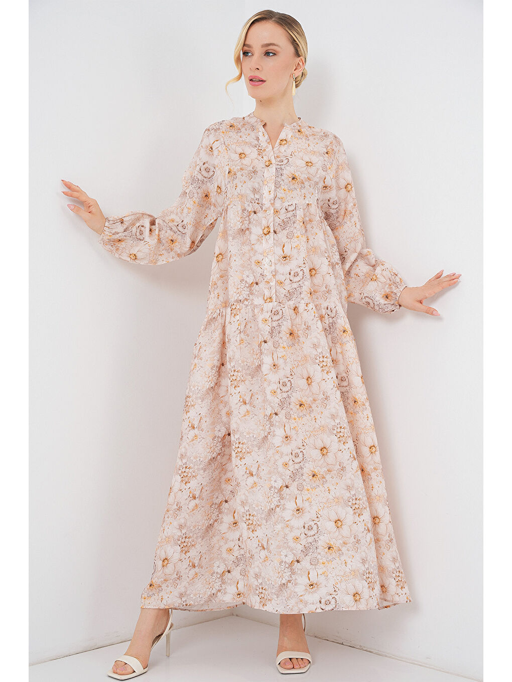 Kadın Desenli Tesettür Elbise 2583 - Bej