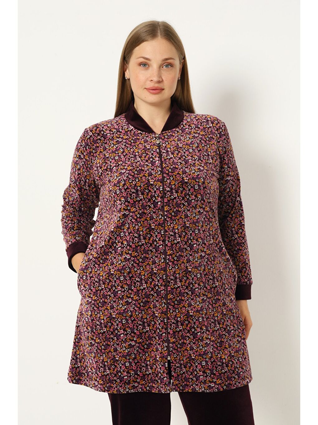 Bordo Kadın Büyük Beden Çiçek Desenli Pamuklu Kadife Fermuarlı Cepli Uzun Kollu Alt Üst Eşofman Takımı-2