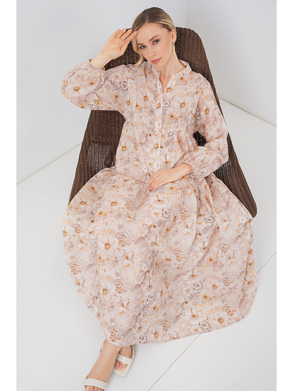 Kadın Desenli Tesettür Elbise 2583 - Bej-1