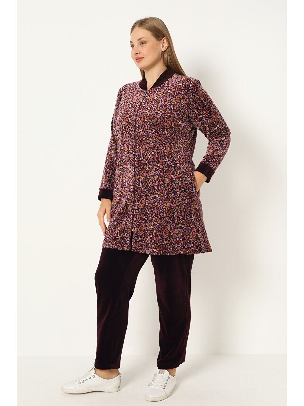 Bordo Kadın Büyük Beden Çiçek Desenli Pamuklu Kadife Fermuarlı Cepli Uzun Kollu Alt Üst Eşofman Takımı-3