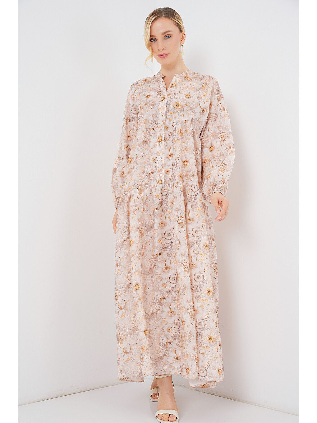 Kadın Desenli Tesettür Elbise 2583 - Bej-2