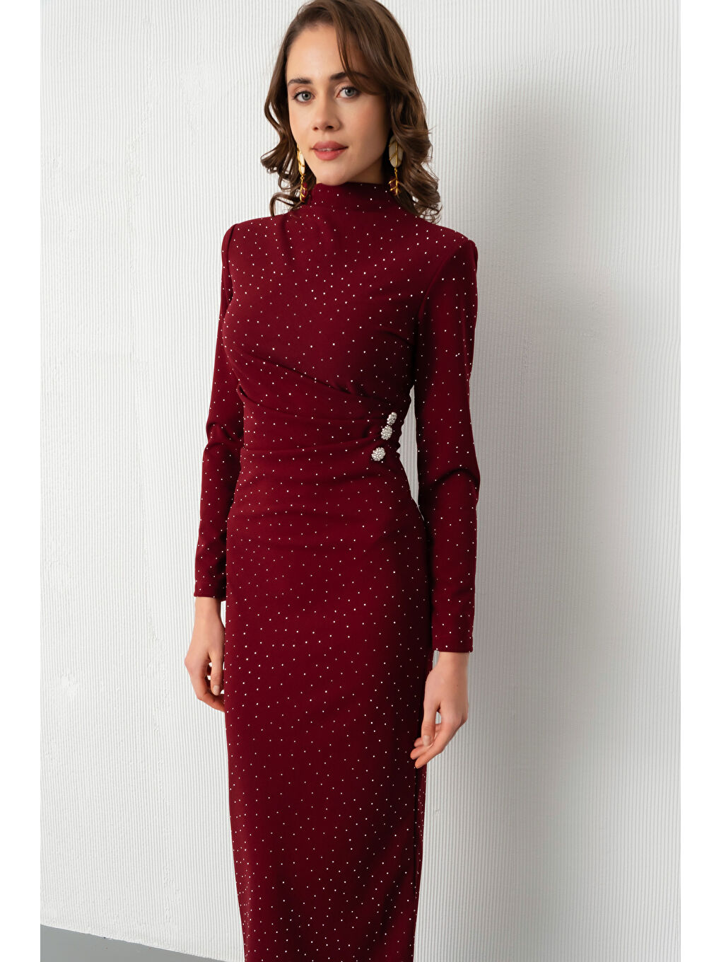 Kadın Bordo Dik Yaka Taş Aksesuar Detay Midi Davet Elbisesi-2