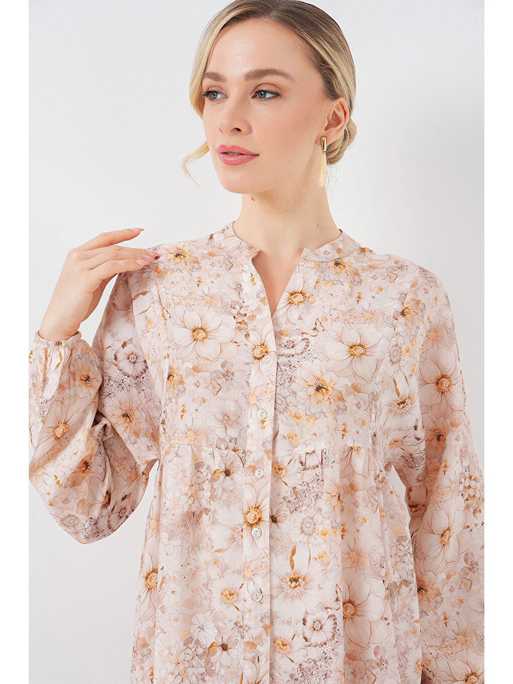 Kadın Desenli Tesettür Elbise 2583 - Bej-3