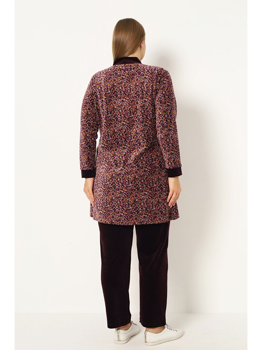 Bordo Kadın Büyük Beden Çiçek Desenli Pamuklu Kadife Fermuarlı Cepli Uzun Kollu Alt Üst Eşofman Takımı-5