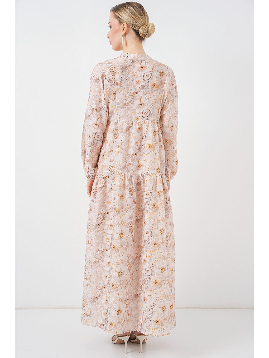 Kadın Desenli Tesettür Elbise 2583 - Bej-5