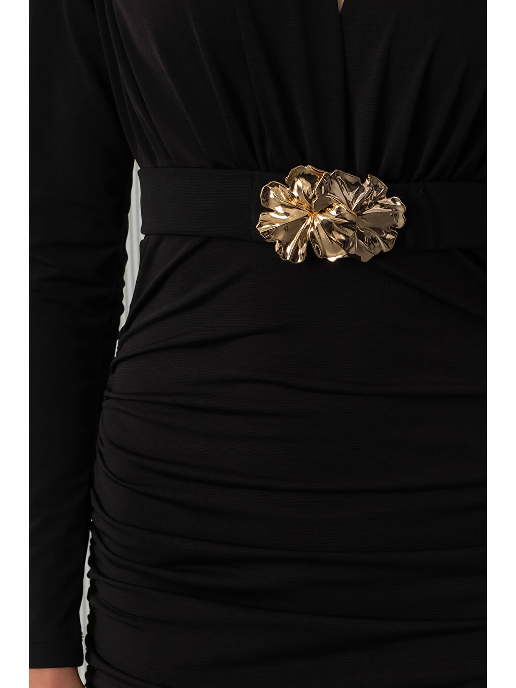 Kadın Siyah Kemerli Büzgü Detay Midi Davet Elbisesi-3