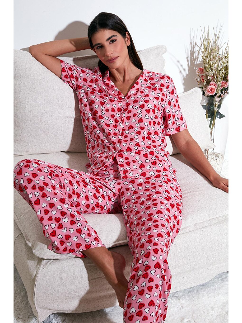 Lela Pembe Rahat Kesim Bol Paça Mono Yaka Kısa Kollu Pijama Takımı 6110290 - 1