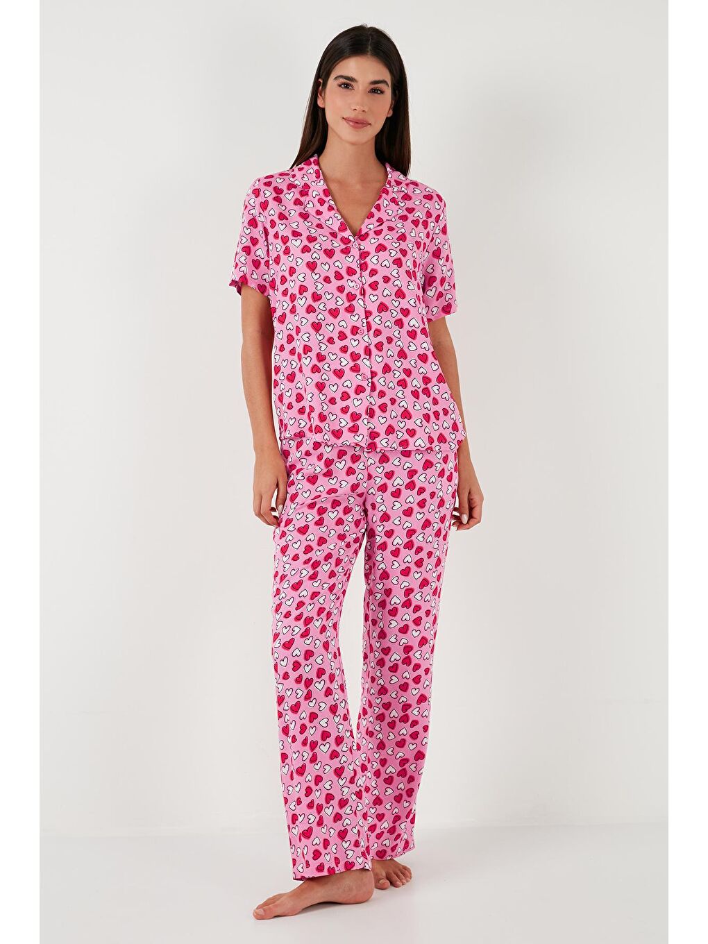 Lela Pembe Rahat Kesim Bol Paça Mono Yaka Kısa Kollu Pijama Takımı 6110290 - 2