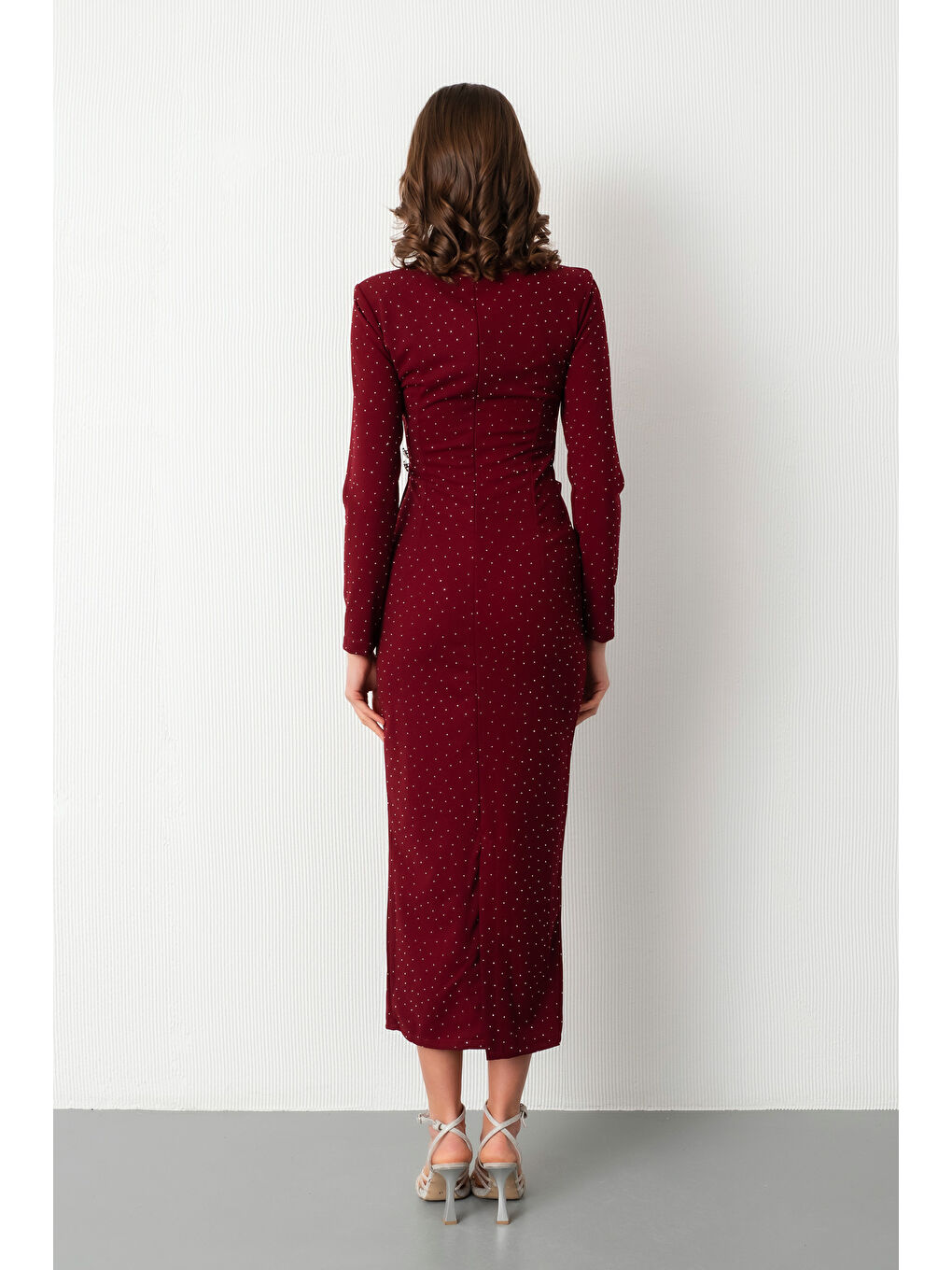 Kadın Bordo Dik Yaka Taş Aksesuar Detay Midi Davet Elbisesi-5