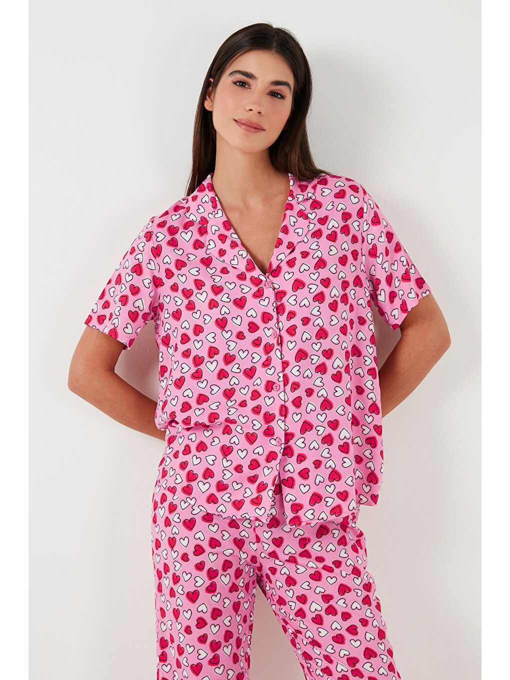 Lela Pembe Rahat Kesim Bol Paça Mono Yaka Kısa Kollu Pijama Takımı 6110290 - 3