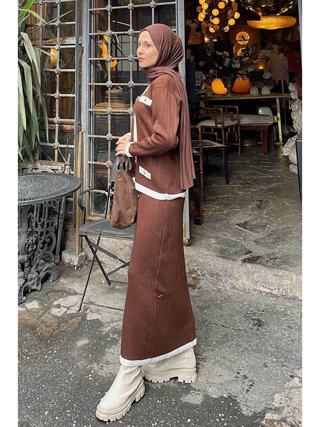 Cep Detaylı Düğme Detaylı Triko Takım Acı Kahverengi-1