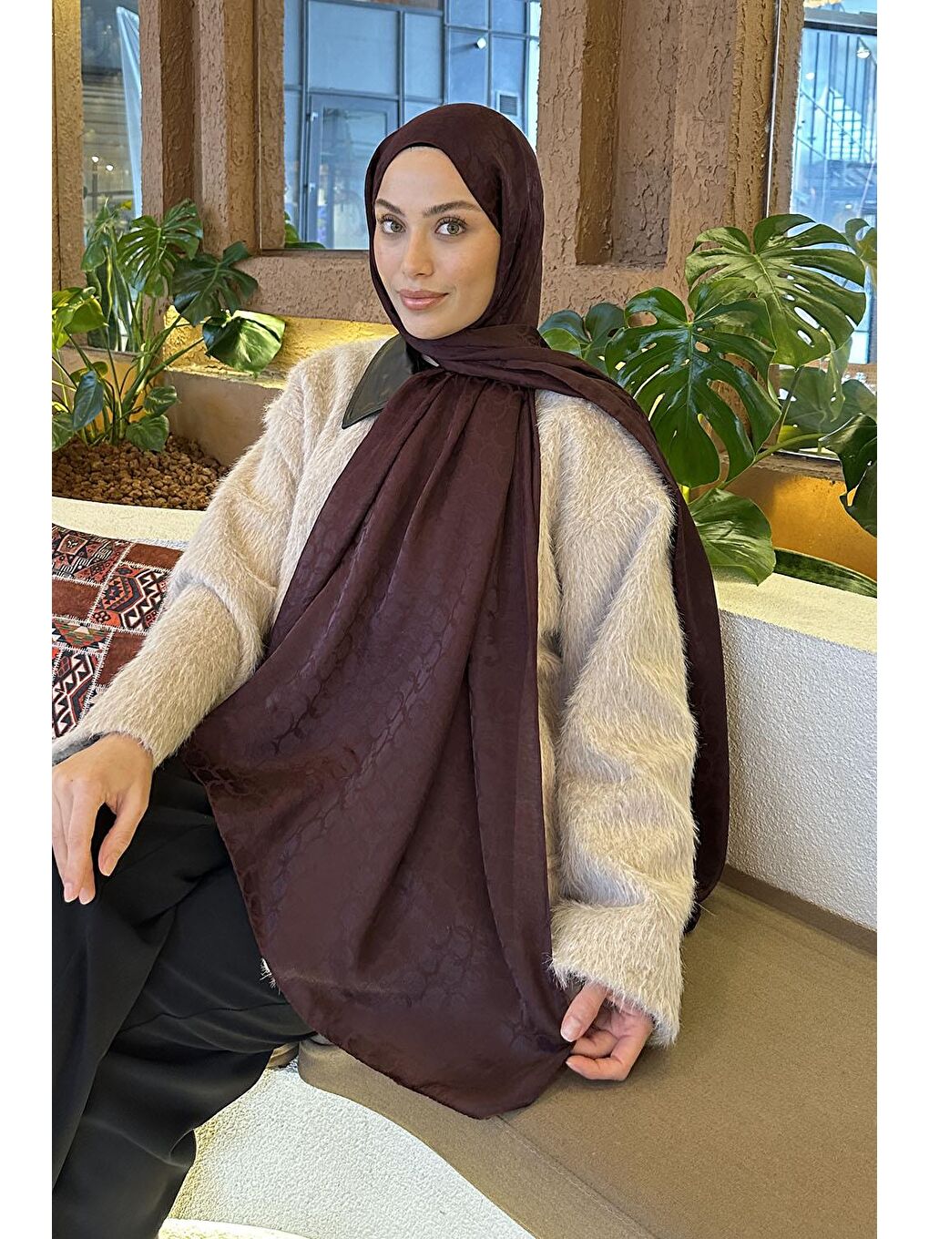 Bloom Desen Ayrobin Floş Jakar Şal Koyu Bordo-1