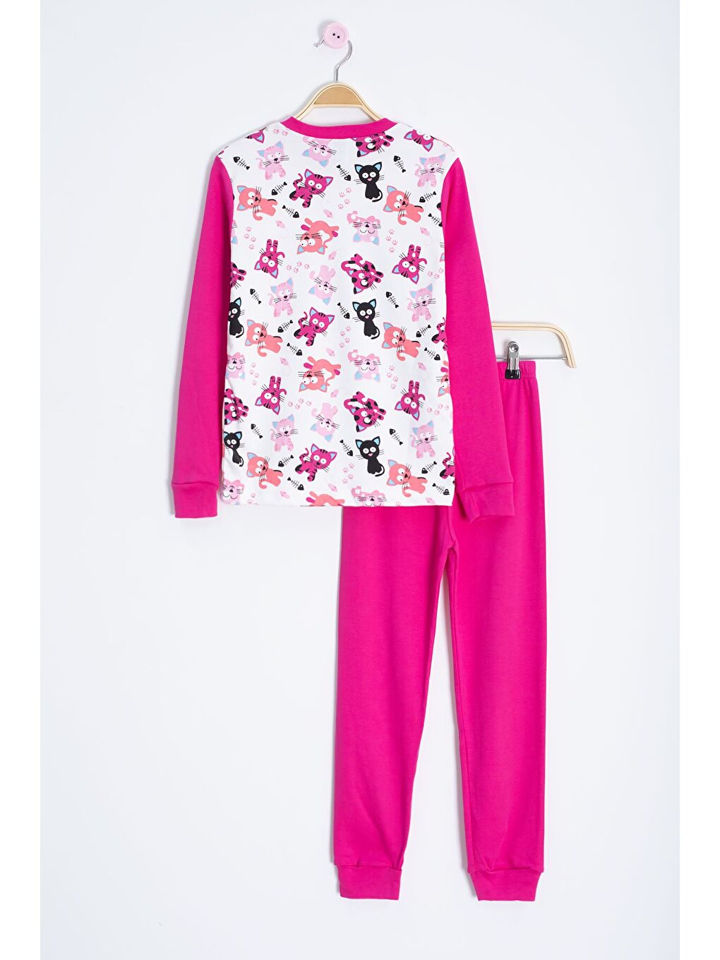 Fuşya Kedi Desenli Kız Çocuk Pijama Takımı 22767-2