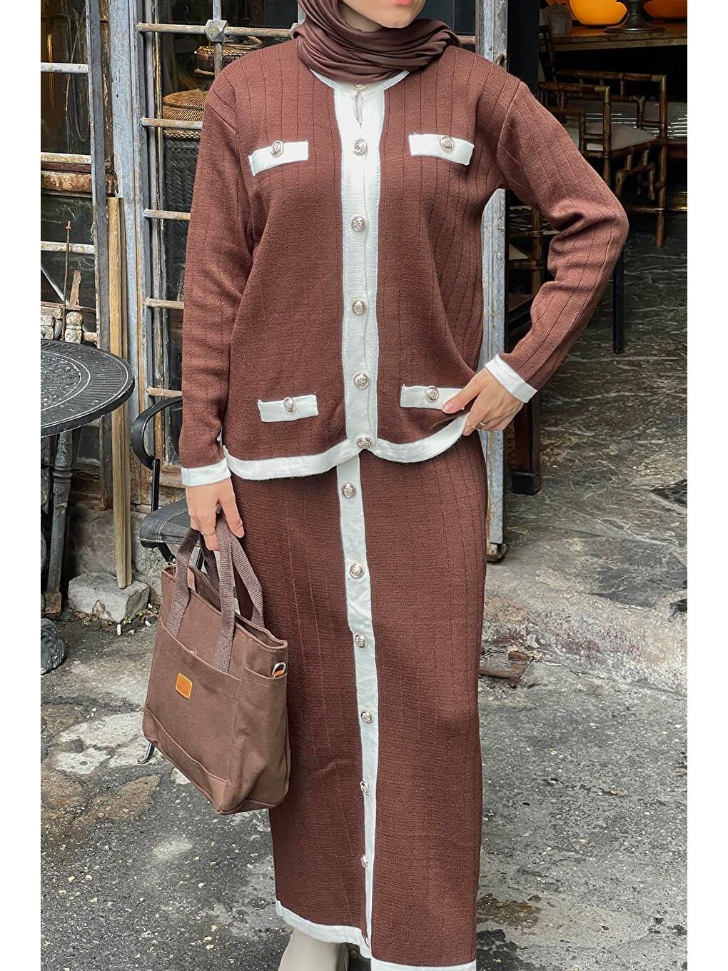 Cep Detaylı Düğme Detaylı Triko Takım Acı Kahverengi-2