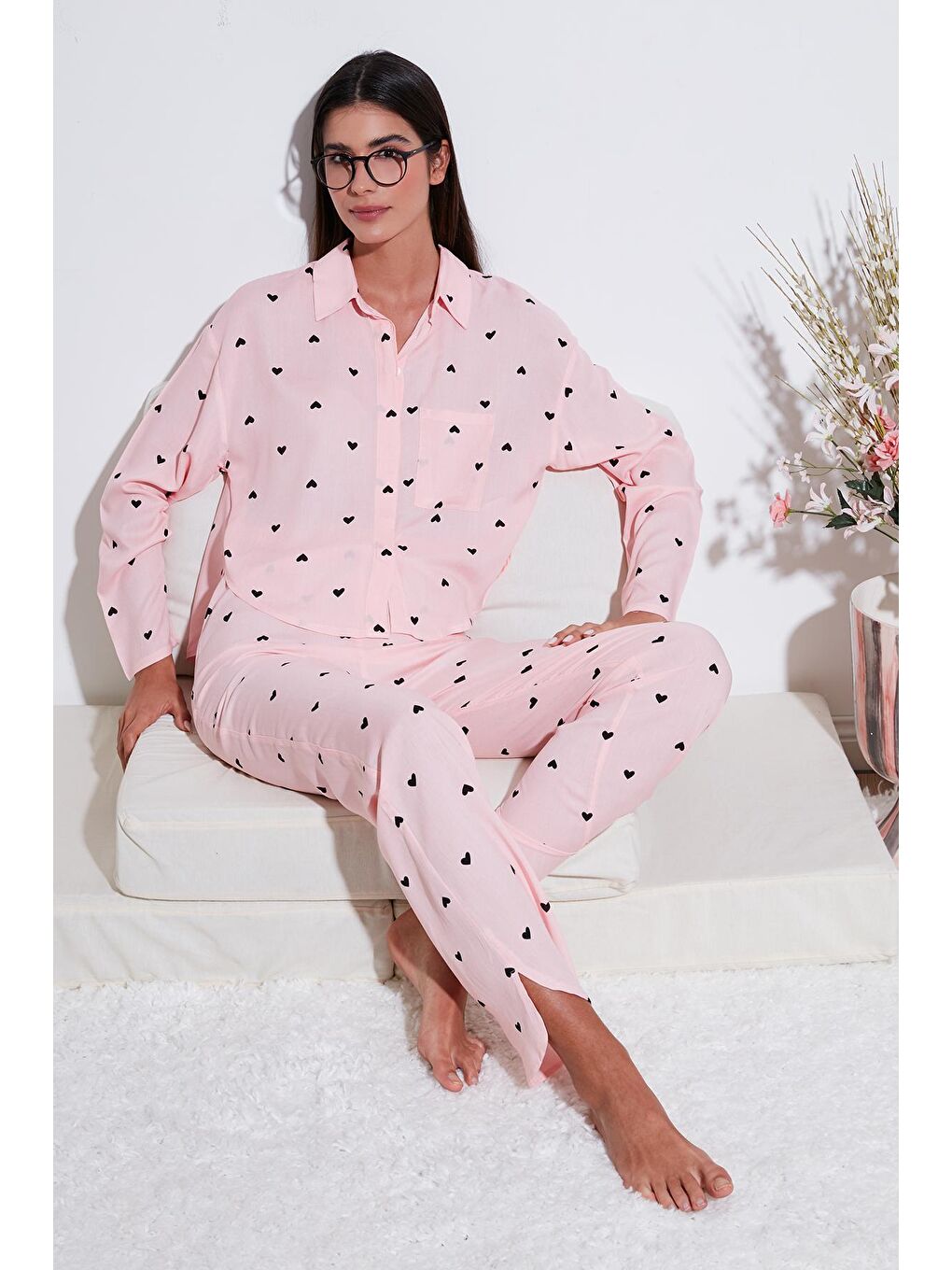 Lela Açık Pembe Desenli Rahat Kesim Bol Paça Yazlık Pijama Takımı 6110014