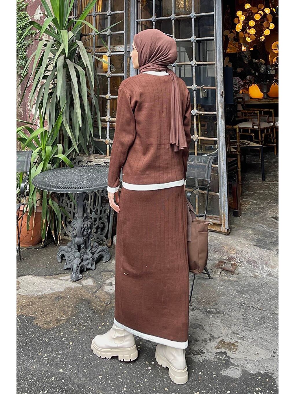 Cep Detaylı Düğme Detaylı Triko Takım Acı Kahverengi-3