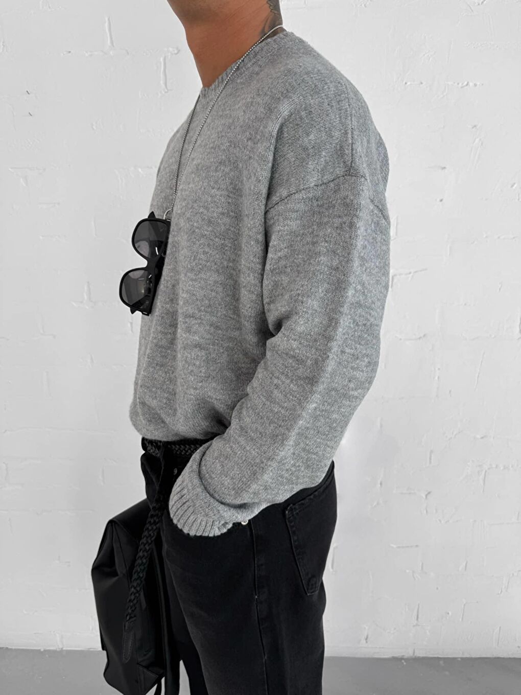 Erkek Oversize Yumuşak Dokulu Kazak Gri-1