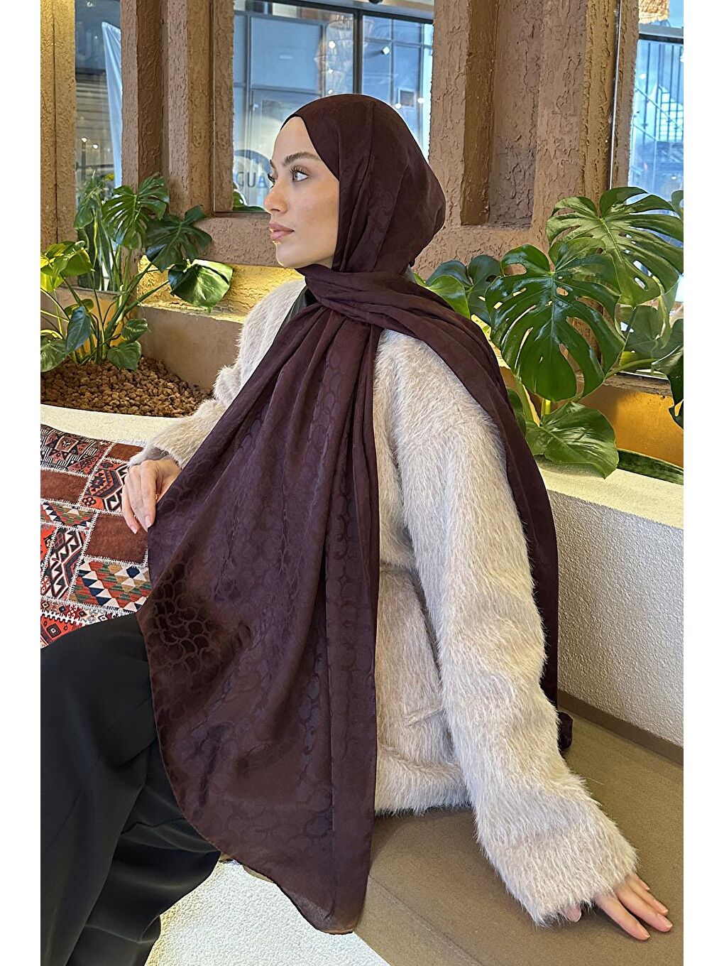 Bloom Desen Ayrobin Floş Jakar Şal Koyu Bordo-2