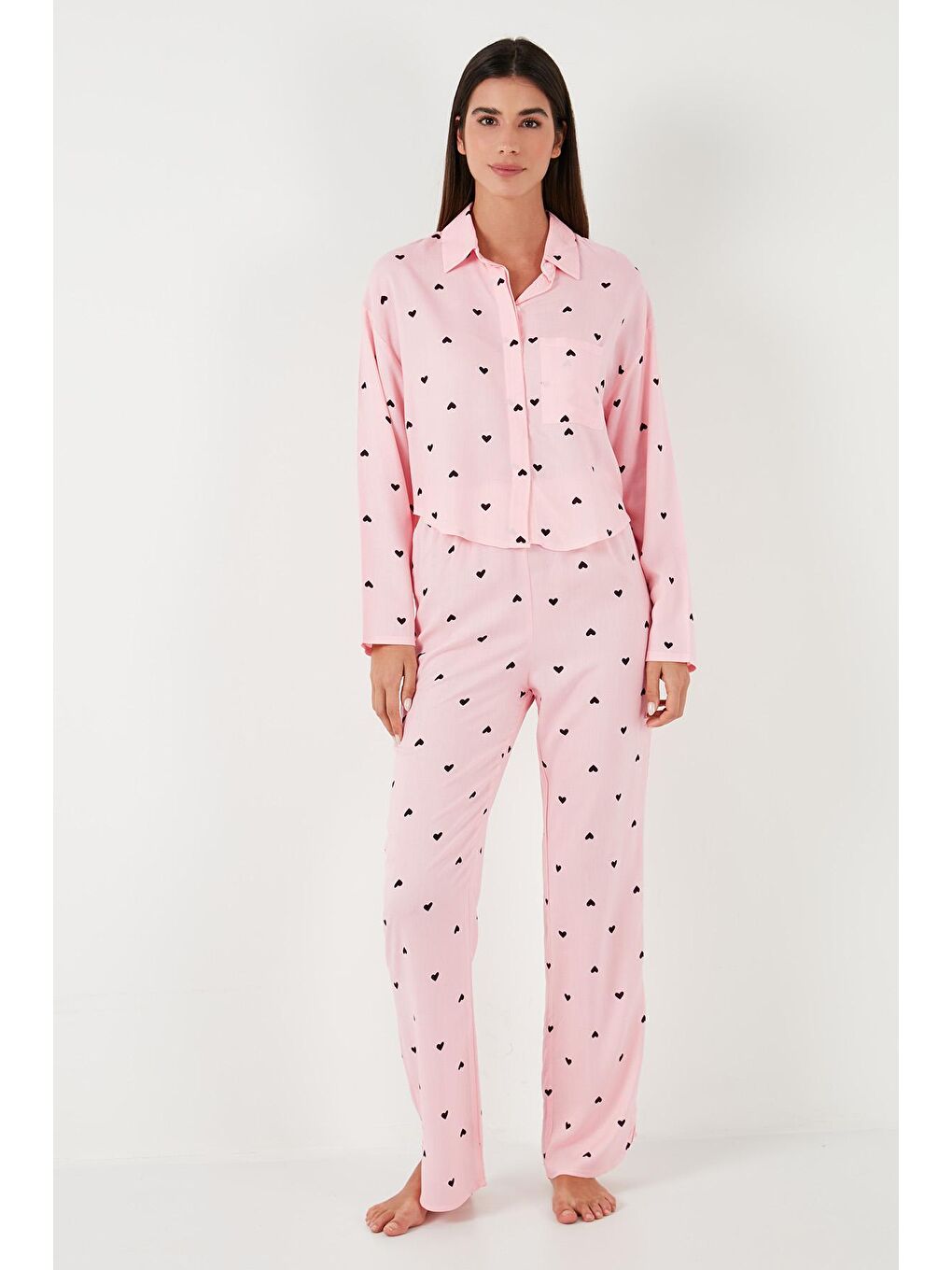 Lela Açık Pembe Desenli Rahat Kesim Bol Paça Yazlık Pijama Takımı 6110014 - 1