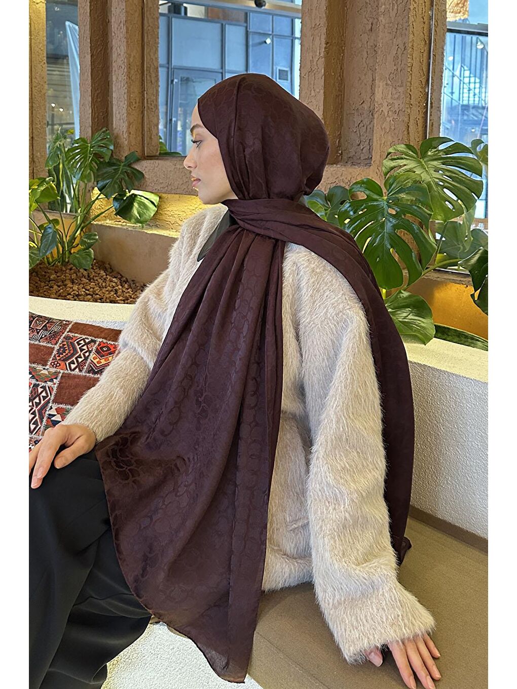 Bloom Desen Ayrobin Floş Jakar Şal Koyu Bordo-3