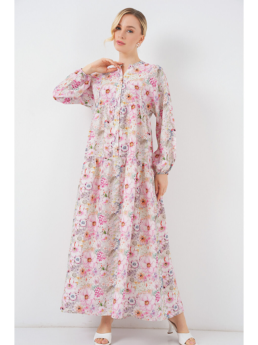 Kadın Desenli Tesettür Elbise 2583 - Pembe