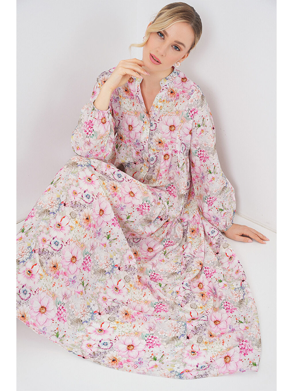 Kadın Desenli Tesettür Elbise 2583 - Pembe-1