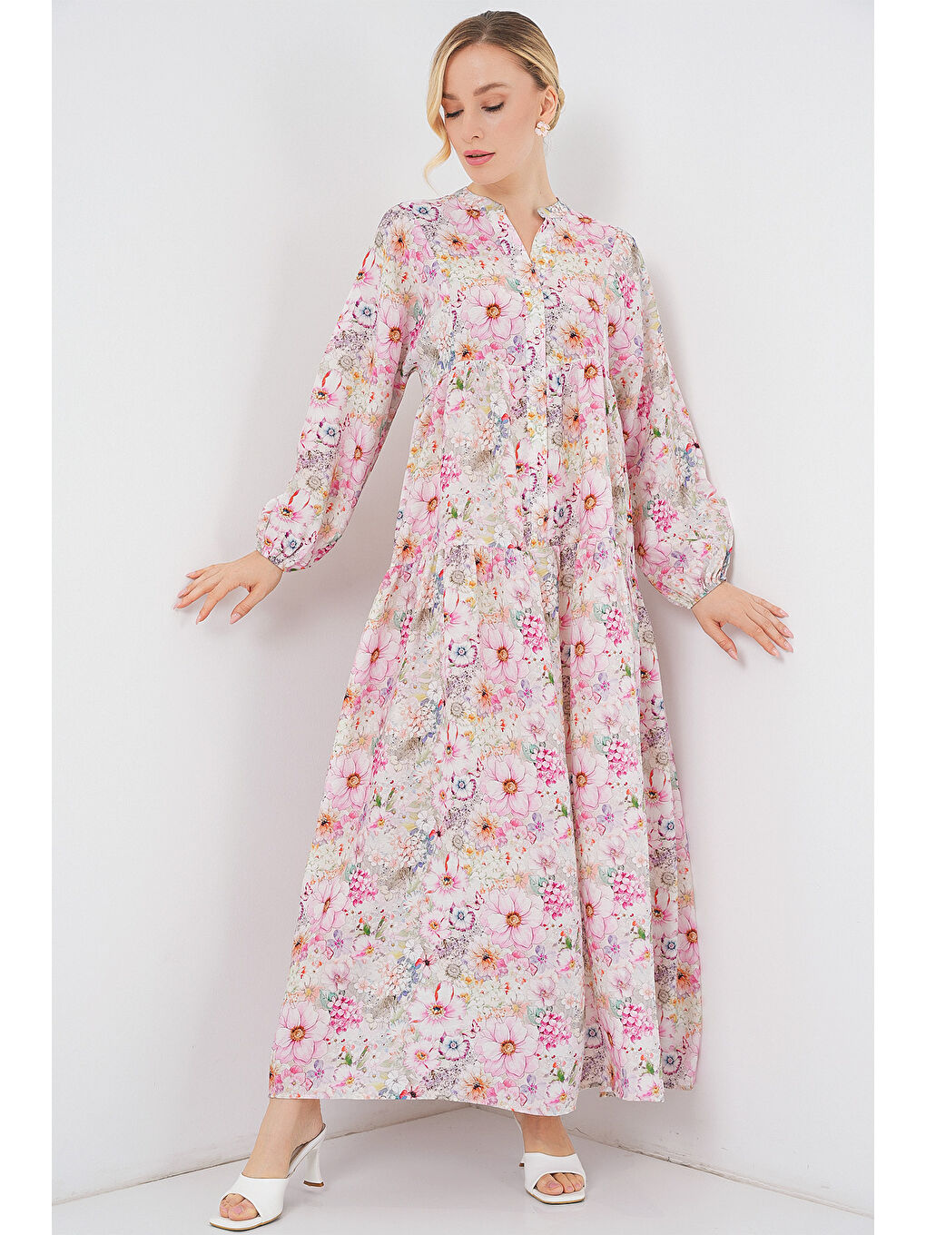 Kadın Desenli Tesettür Elbise 2583 - Pembe-2