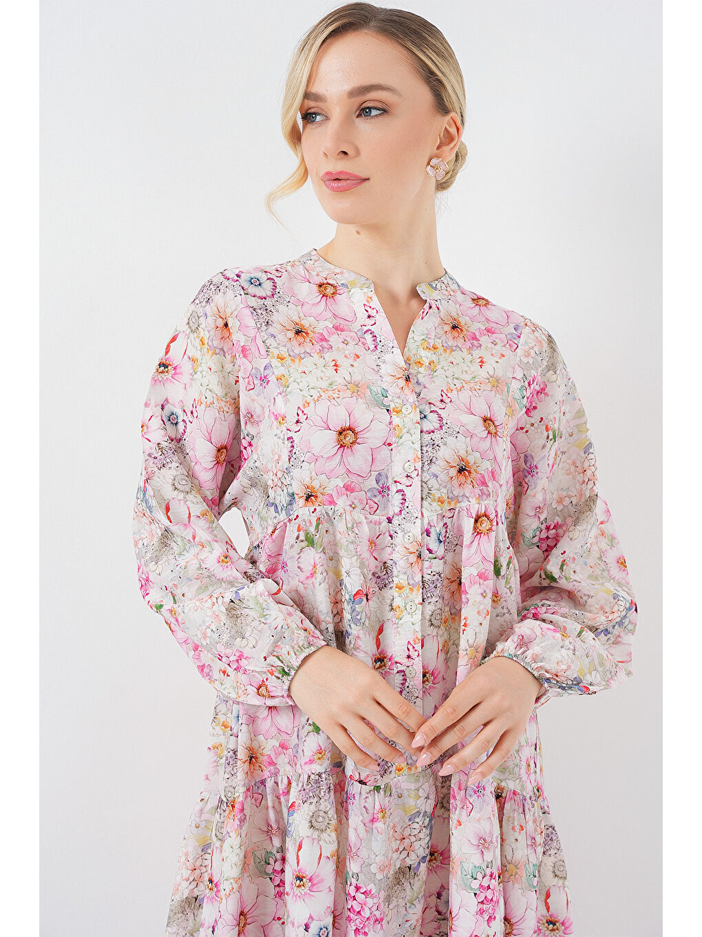 Kadın Desenli Tesettür Elbise 2583 - Pembe-3