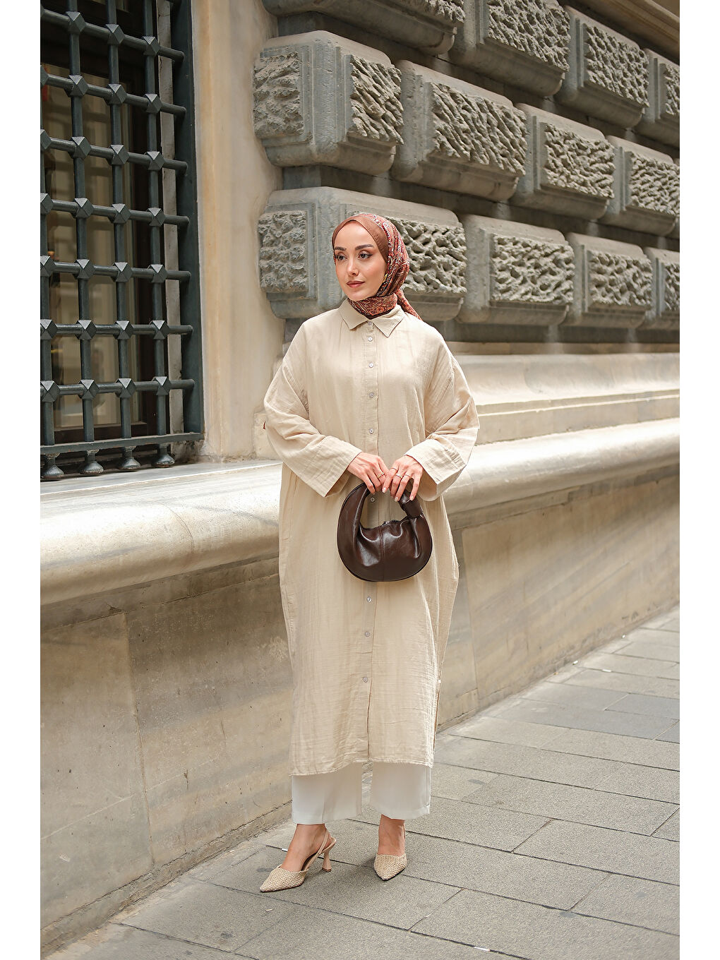 Bej Kadın Midi Boy Gömlek Taş-3