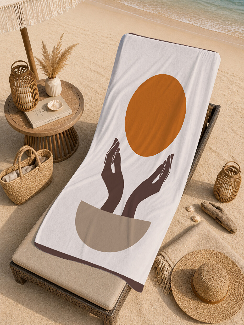 Beyaz Turuncu Güneş Ve El Figürlü Minimal Desenli 70x150 Cm Dijital Baskılı Plaj Ve Banyo Havlusu-4