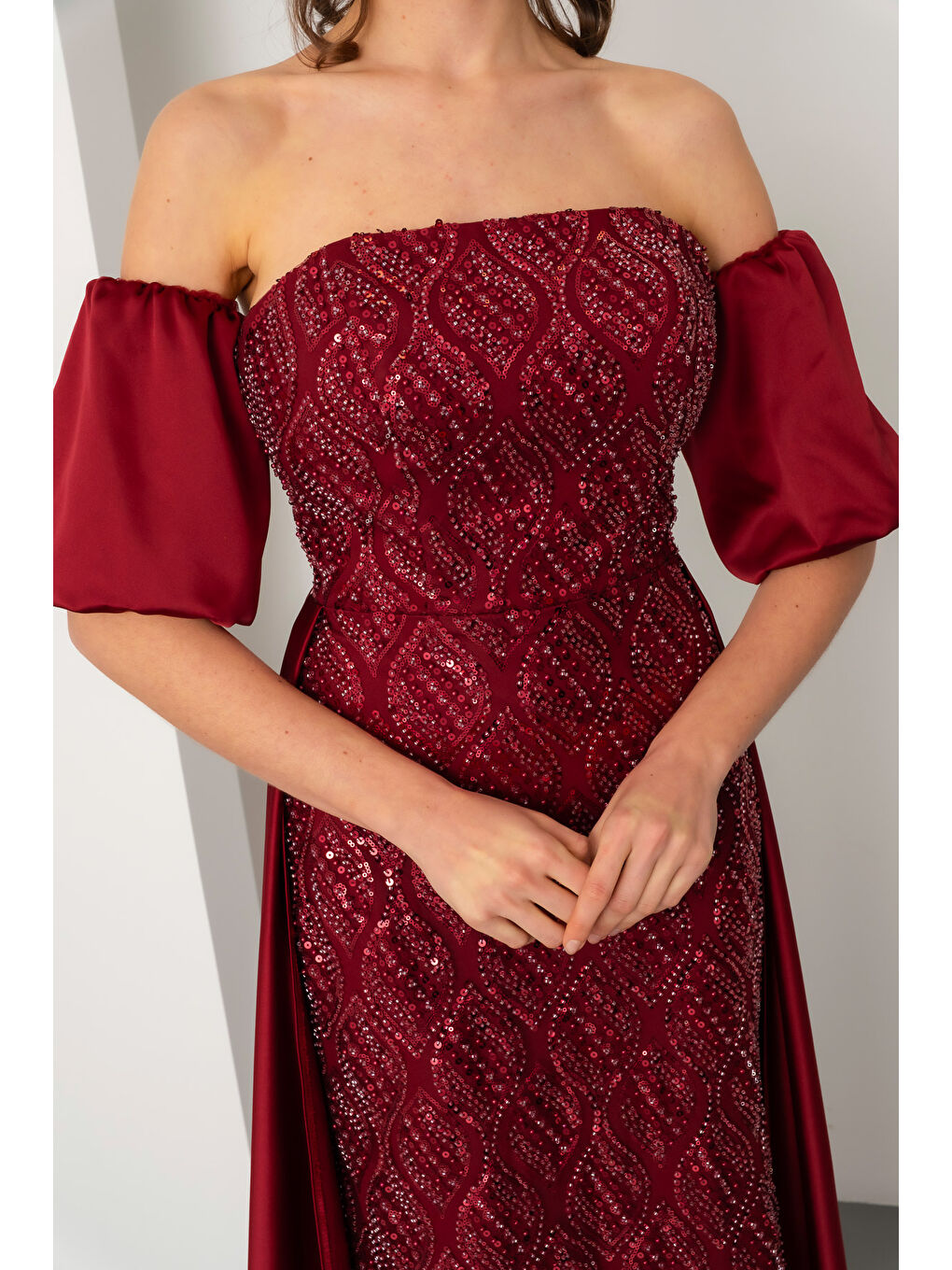 Kadın Bordo Straplez Balon Kol Taşlı Uzun Abiye Elbise-3