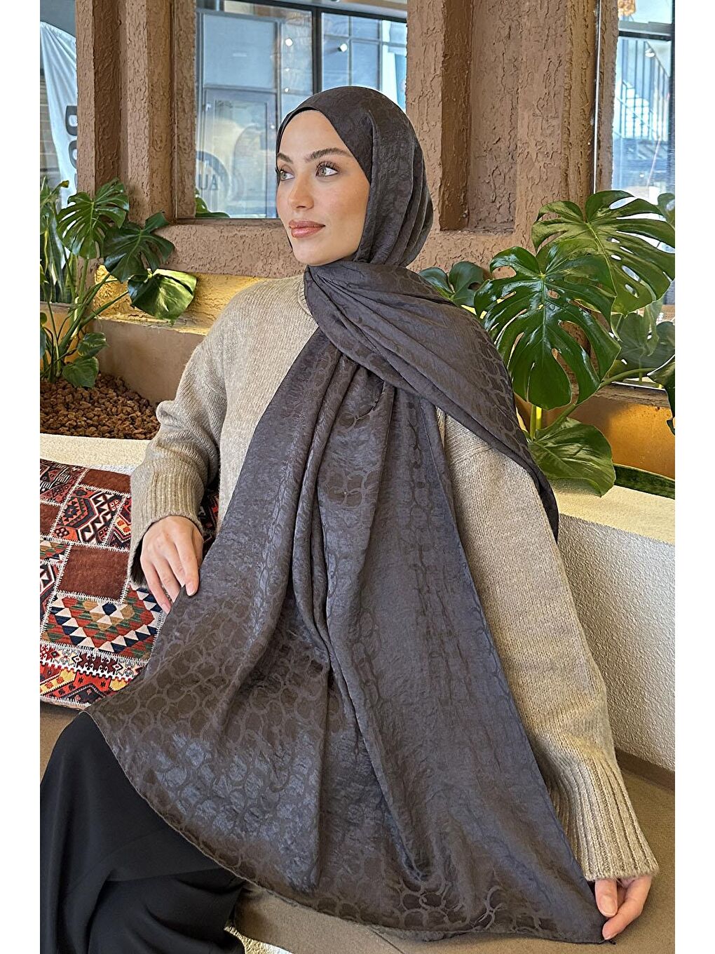 Bloom Desen Ayrobin Floş Jakar Şal Antrasit-2