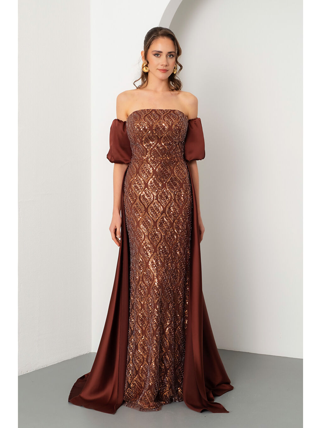 Kadın Kahverengi Straplez Balon Kol Taşlı Uzun Abiye Elbise-1