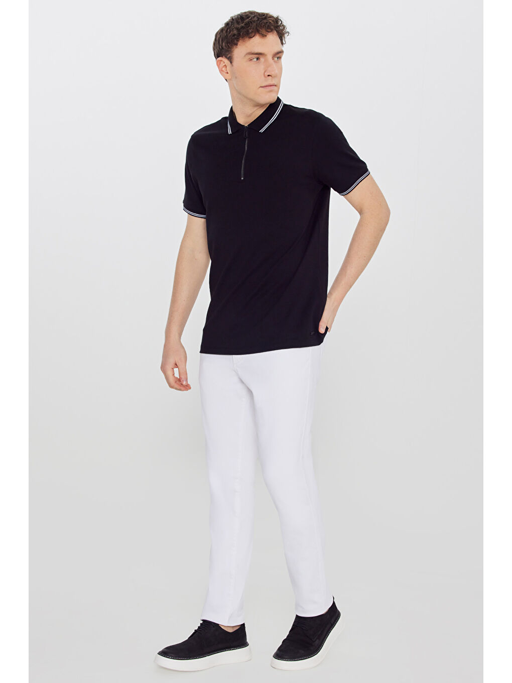 Erkek Siyah %100 Pamuk Slim Fit Dar Kesim Polo Yaka Tişört-1