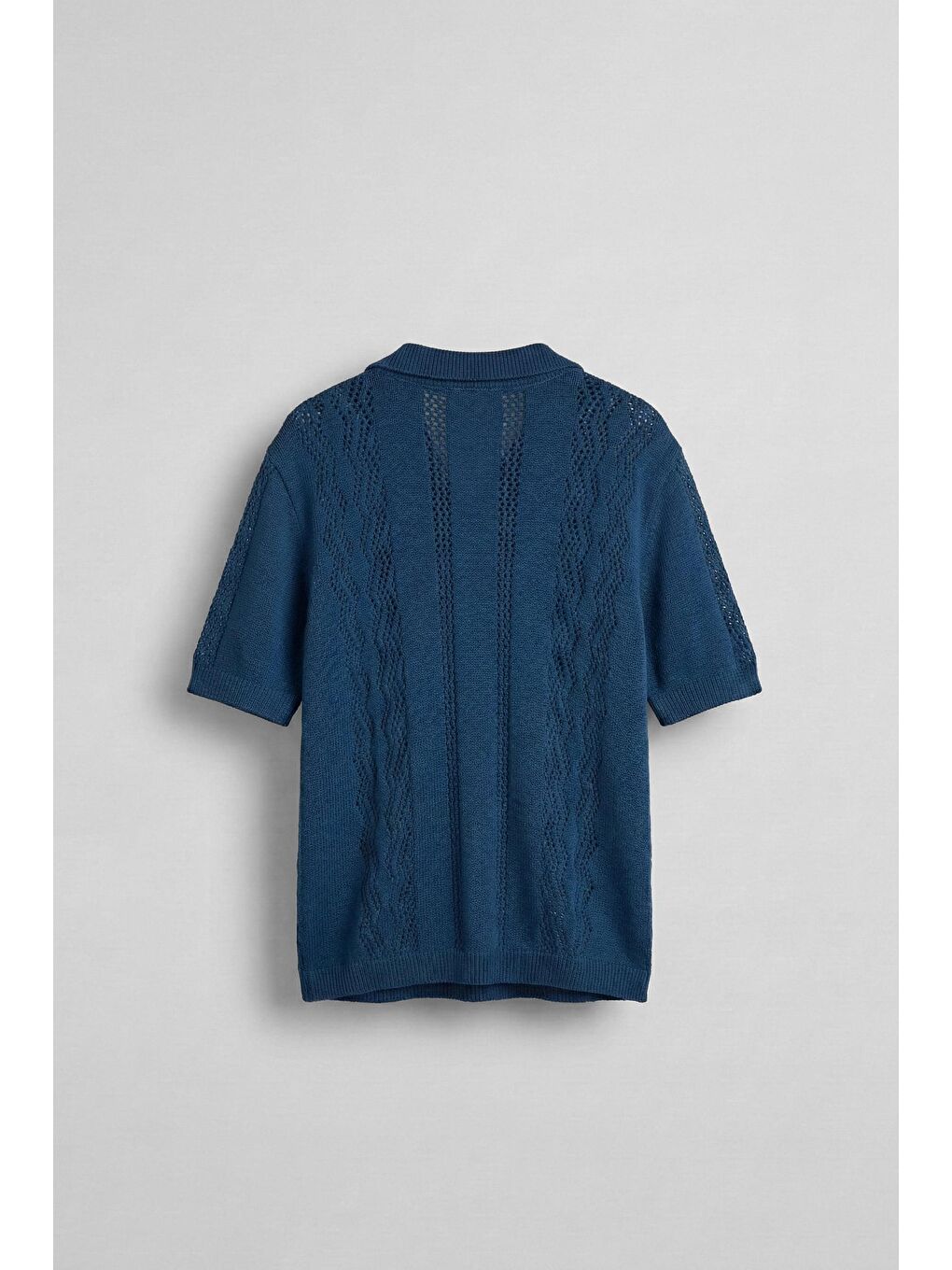 Erkek Oversize Yarım Pat Gömlek Yaka Desenli Örme T-Shirt Saks Mavi-1