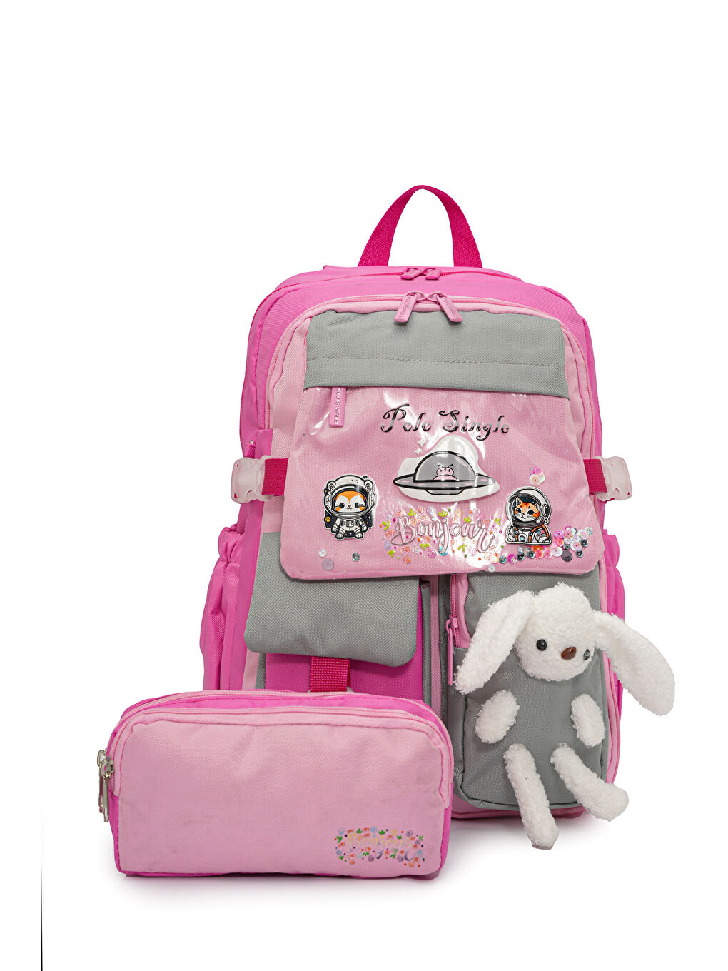 Pelüş Tavşanlı Kız Çocuk İlkokul Çanta Seti-1