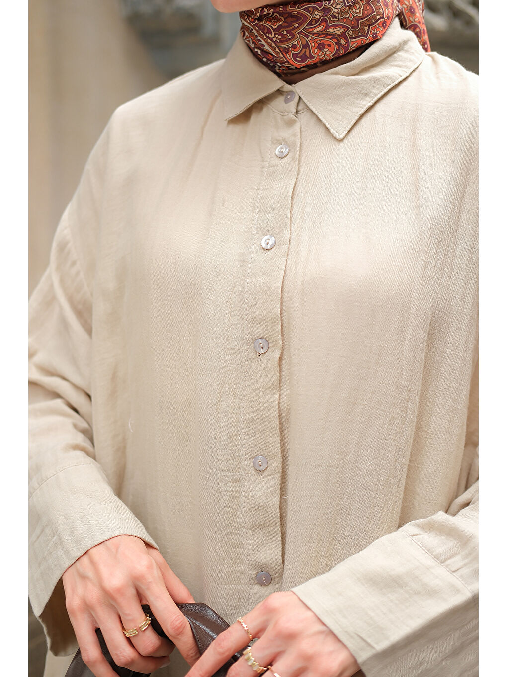 Bej Kadın Midi Boy Gömlek Taş-4