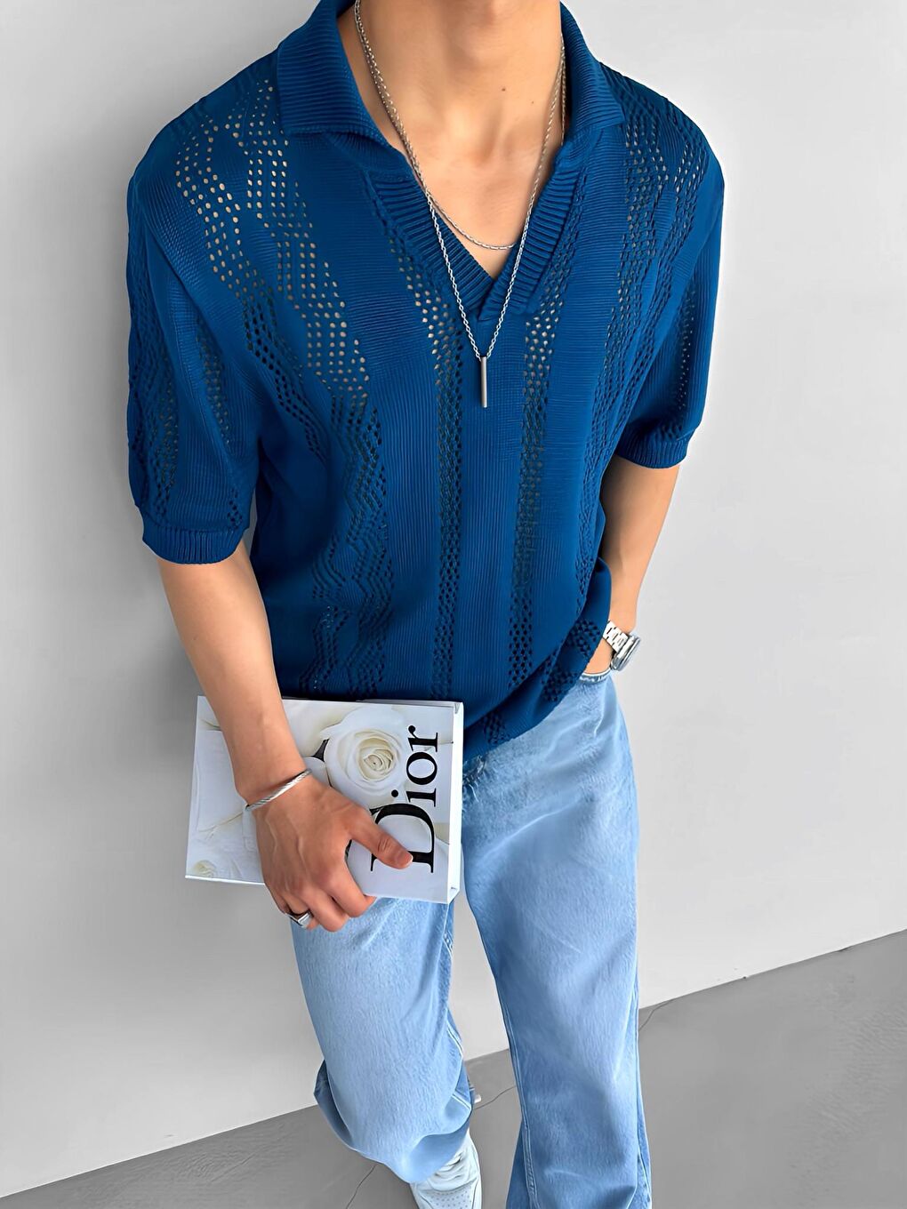 Erkek Oversize Yarım Pat Gömlek Yaka Desenli Örme T-Shirt Saks Mavi-2