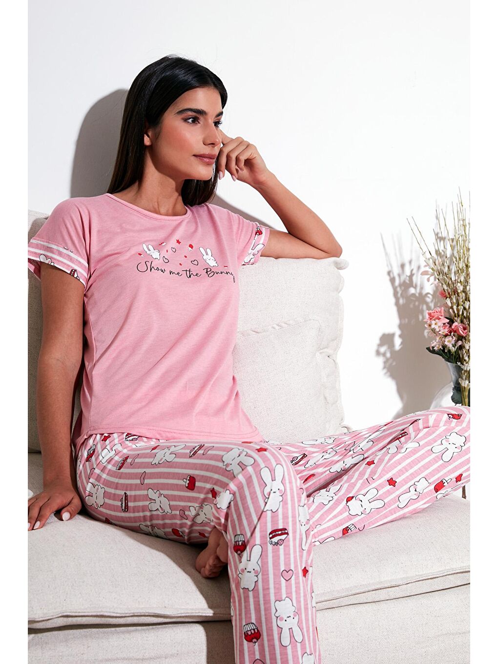 Lela Pembe Regular Fit Bisiklet Yaka Kısa Kollu Pijama Takım 6097310 - 1