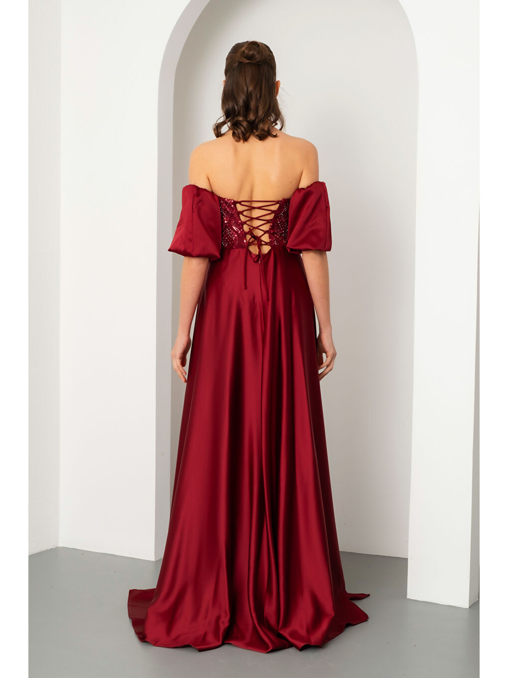 Kadın Bordo Straplez Balon Kol Taşlı Uzun Abiye Elbise-5