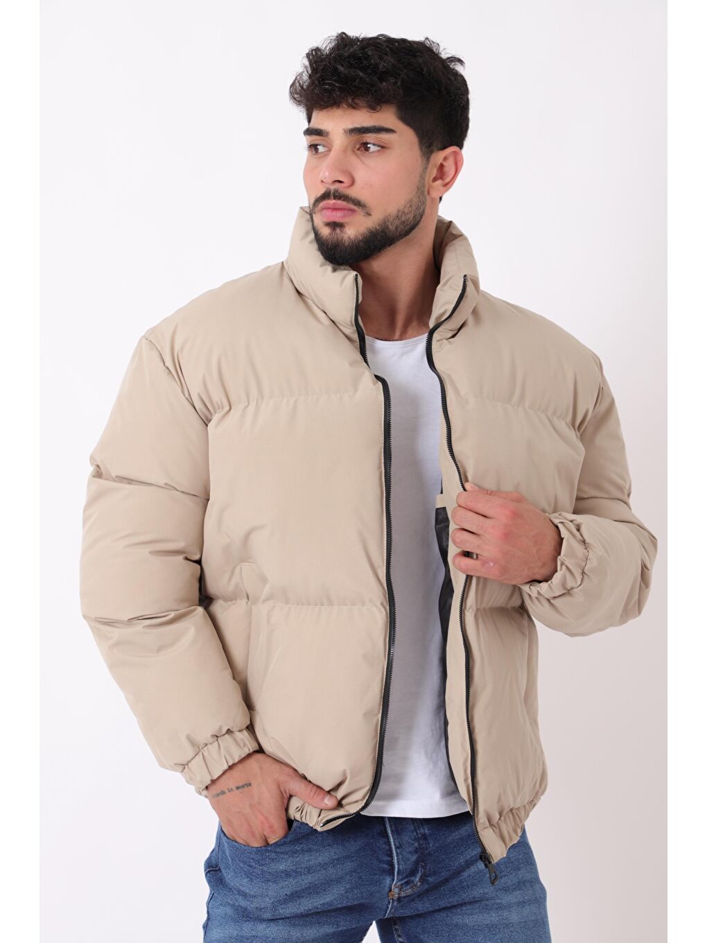 Bej Dik Yaka  Bomber Şişme Kışlık Mont PLDP 3018_50465-1