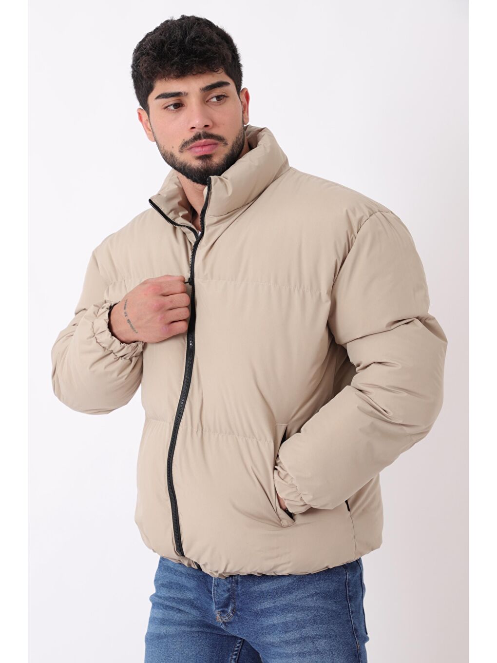 Bej Dik Yaka  Bomber Şişme Kışlık Mont PLDP 3018_50465-2