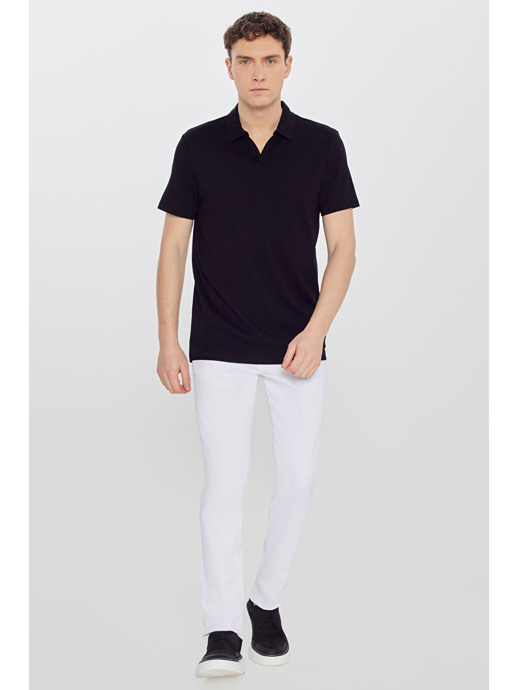 Erkek Siyah %100 Pamuk Slim Fit Dar Kesim Polo Yaka Tişört-1