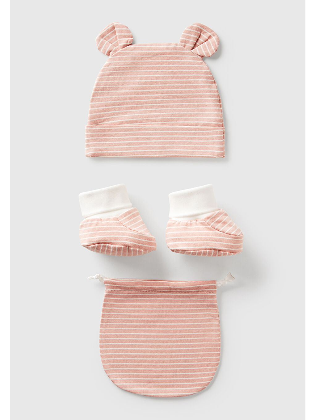 Bebek Pembe Kulak Aplikeli Şapka ve Patik Çantalı Takım