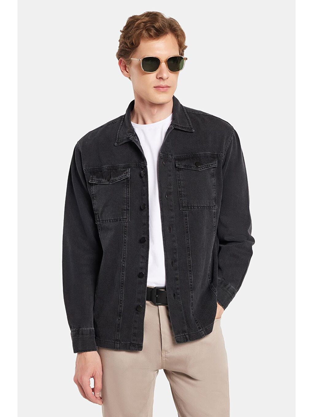 Erkek Relax Fit Rahat Kesim Denim Çıtçıtlı Uzun Kol %100 Pamuk Jean Ceket Siyah Gömlek
