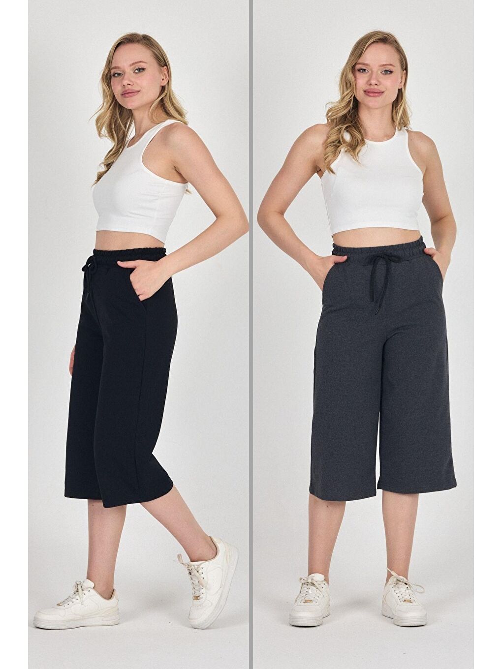 Yüksek Bel Cepli Rahat Kesim Mevsimlik Kadın Diz Altı 2'li Bermuda Siyah-Antrasit Kapri Şort
