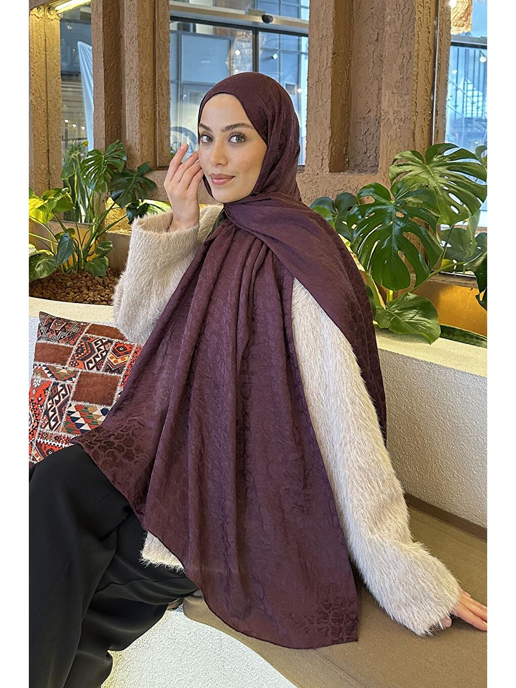 Bloom Desen Ayrobin Floş Jakar Şal Mürdüm-1