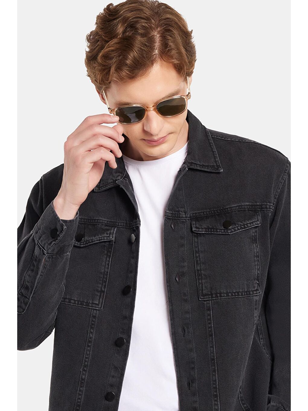 Erkek Relax Fit Rahat Kesim Denim Çıtçıtlı Uzun Kol %100 Pamuk Jean Ceket Siyah Gömlek-1