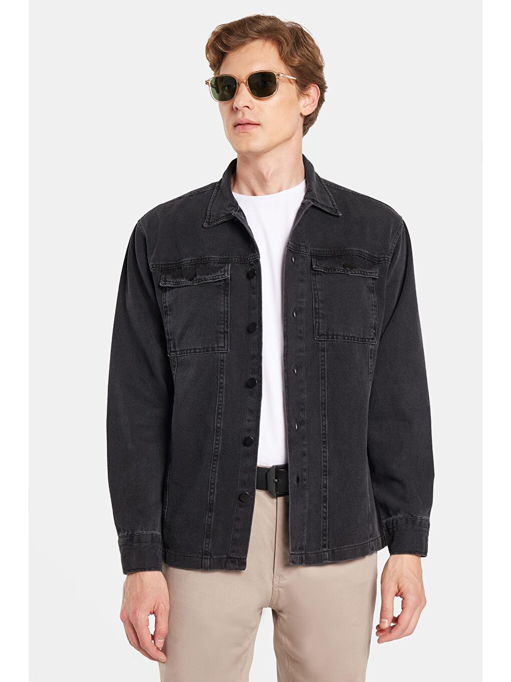 Erkek Relax Fit Rahat Kesim Denim Çıtçıtlı Uzun Kol %100 Pamuk Jean Ceket Siyah Gömlek-3