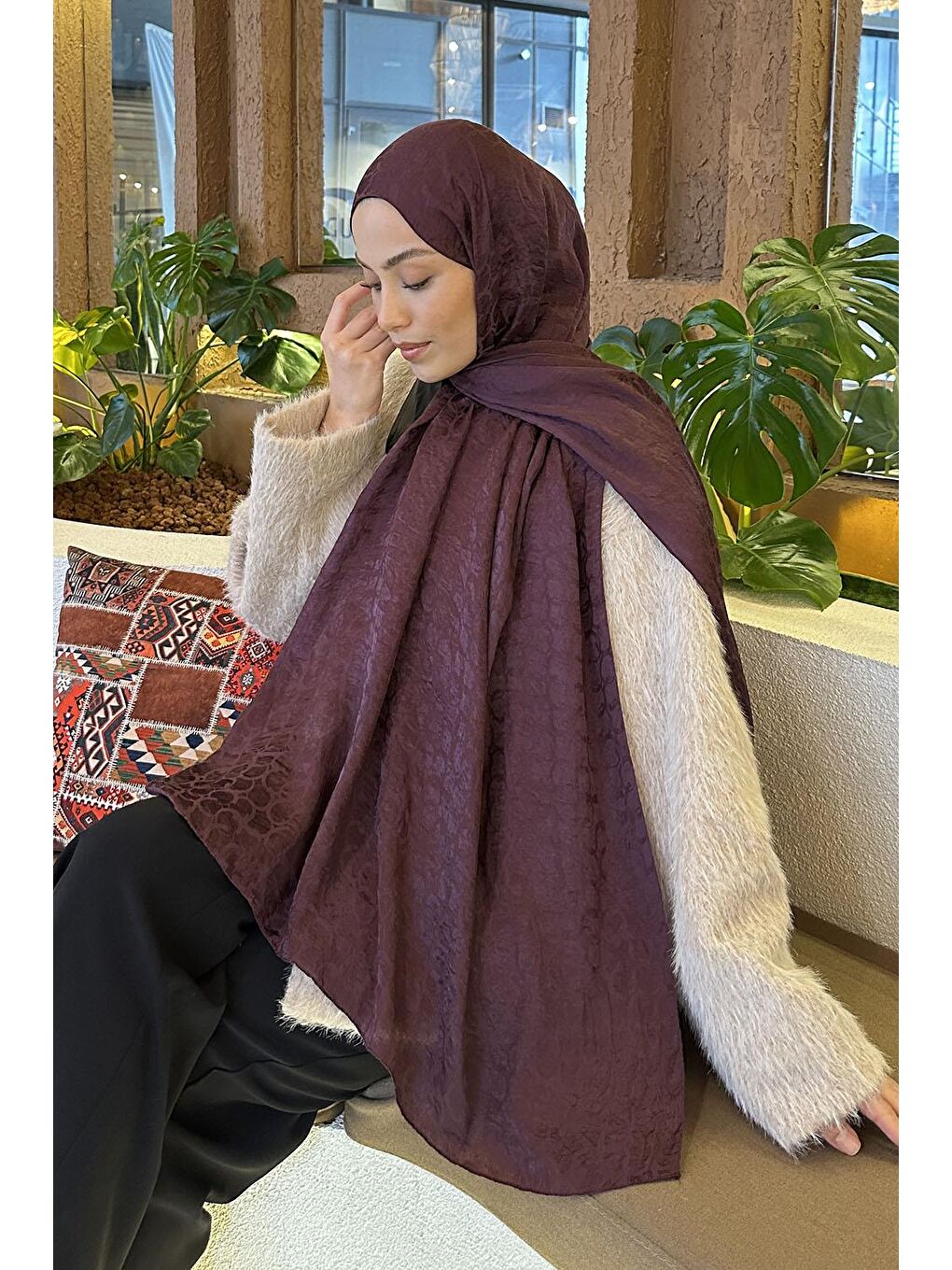 Bloom Desen Ayrobin Floş Jakar Şal Mürdüm-2